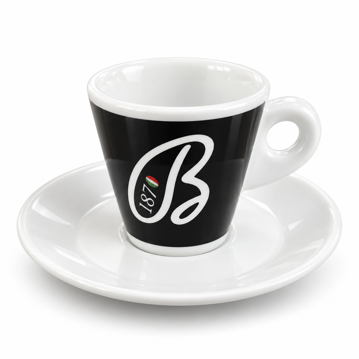 Caffé Barbera – schwarze Espressotasse mit B-Logo und weisser Untertasse