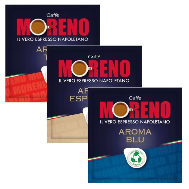 Übersicht der Caffè Moreno E.S.E. Pads Sorten – Aroma Top, Aroma Espresso und Aroma Blu