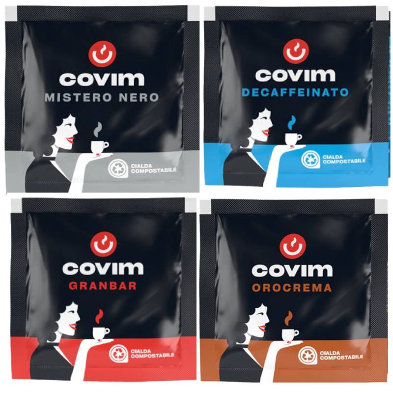 Übersicht der Covim E.S.E. Pads Sorten – Mistero Nero, Decaffeinato, Granbar und Orocrema
