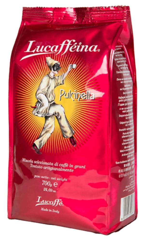 Lucaffe Kaffeebohnen Beutel Rot mit Pulcinella maskotchen