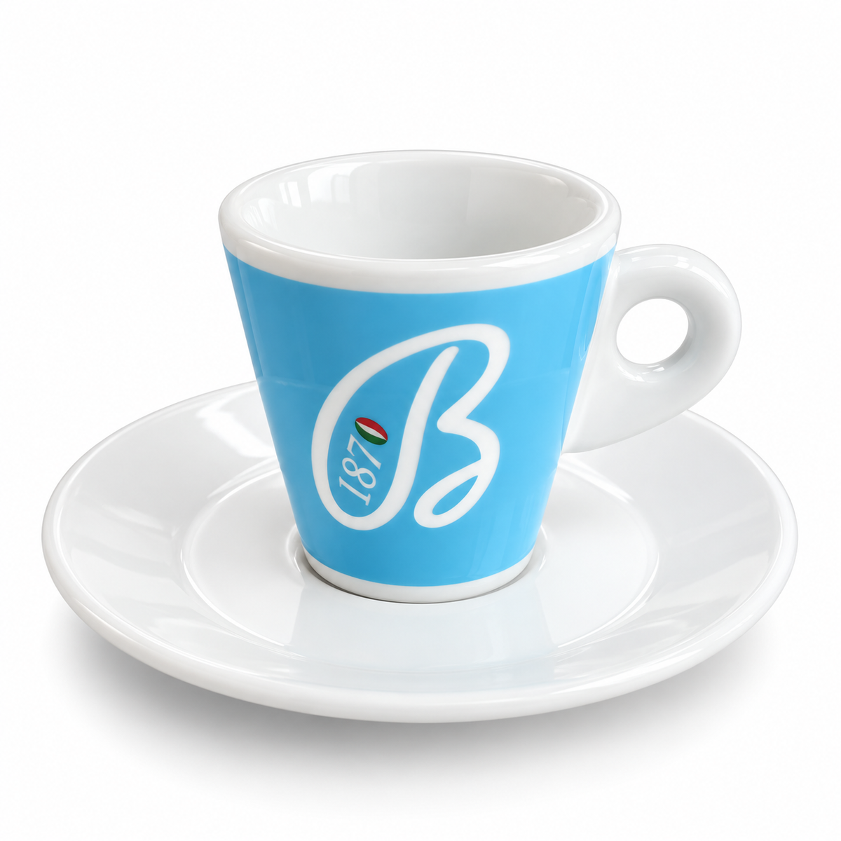 Caffé Barbera – Espressotasse Azzurro Blau mit B-Logo und weisser Untertasse